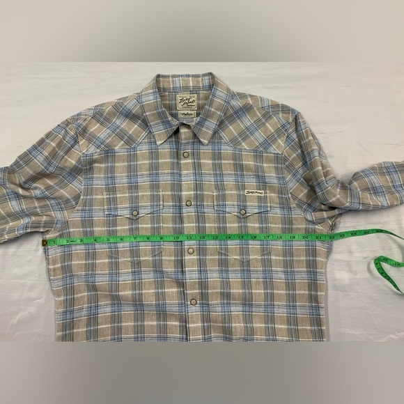 LUCKY BRAND Men’s Tan Blue Plaid Shirt Yoke Pearl Snap, sz Medium - Picture 5 of 7